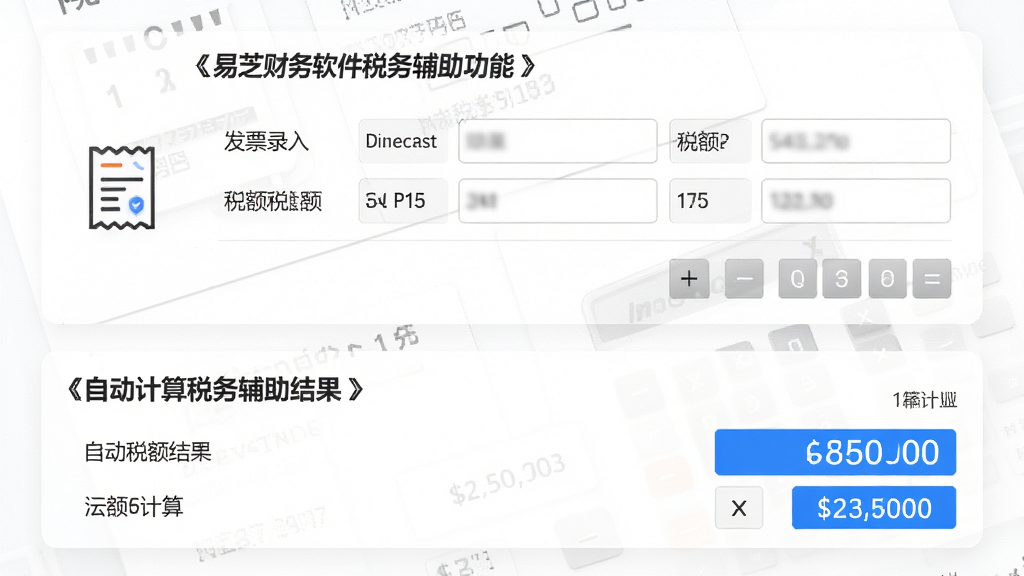 一幅展示易芝财务软件税务辅助功能的图片,画面主体为发票录入表单与税额计算器,布局为上下结构,上方为发票信息字段,下方为自动计算的税额结果,风格为素雅极简白底风,细节包含发票图标、计算器按键和蓝色高亮数字,画质高清,干净,无多余元素