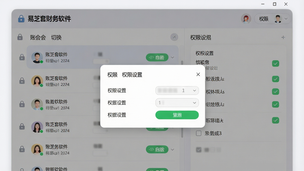 一幅展示易芝财务软件多账套管理界面的图片,画面主体为账套切换面板与权限设置弹窗,布局为左右结构,左侧为账套列表,右侧为权限勾选框,风格为柔和圆角卡片风,细节包含锁形图标、用户头像和绿色启用状态标签,画质高清,干净,无多余元素