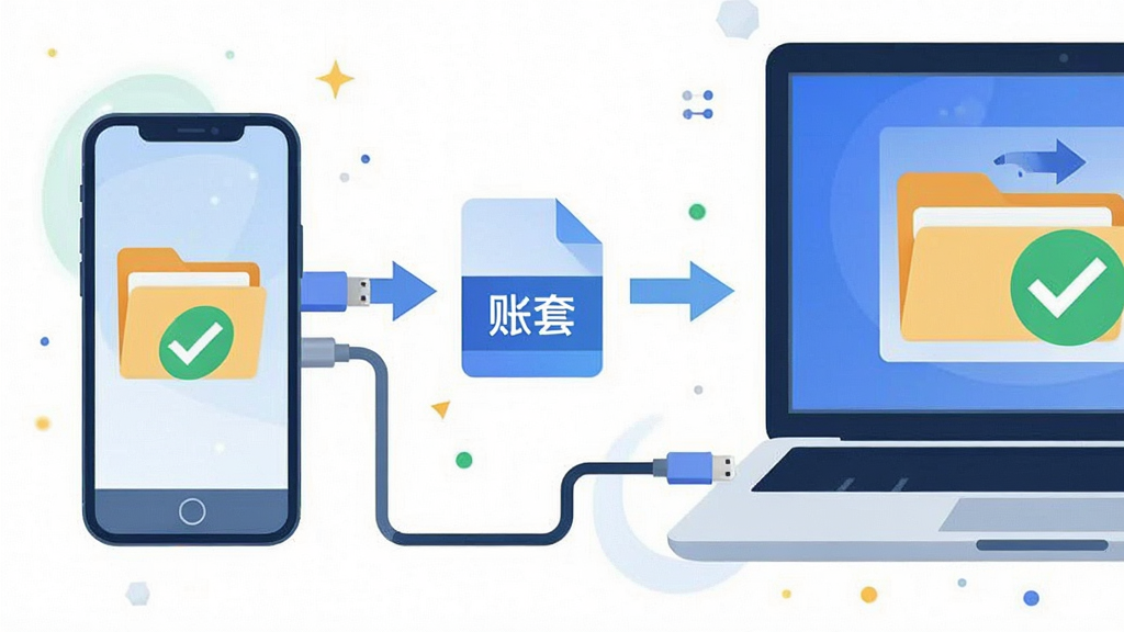 一幅展示易芝财务软件在手机与电脑间数据迁移的示意图,画面主体为一部手机和一台笔记本电脑通过数据线连接,中间有账套文件图标和箭头,布局为左右对称,风格为扁平化科技插画风,细节包含文件夹图标、同步箭头和绿色对勾,画质高清,干净,无多余元素