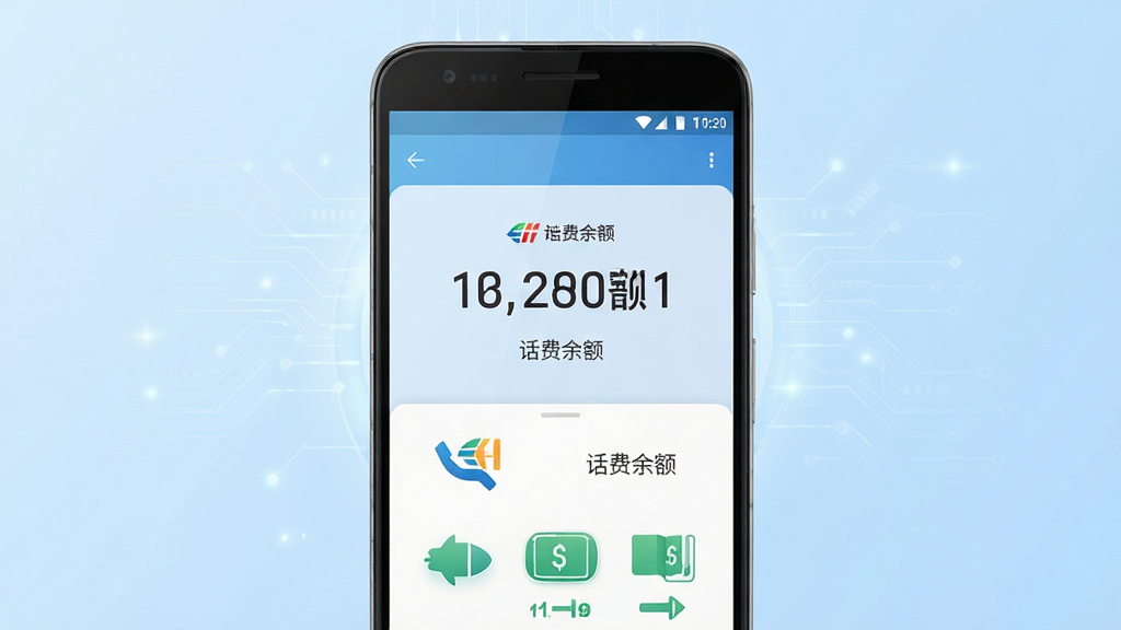 话费余额免费查询软件主界面截图,画面中央展示一部安卓手机,手机屏幕亮起显示话费余额数字和运营商图标,背景为淡蓝色渐变,布局简洁,风格现代科技感,细节清晰,画质高清,干净无多余元素