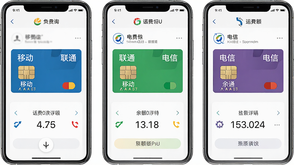 话费余额免费查询多运营商支持界面图,画面展示三张不同颜色的SIM卡分别标注“移动”“联通”“电信”,手机屏幕显示三个运营商的余额查询结果,布局分列式,风格简洁商务,细节清晰,画质高清,干净无多余元素