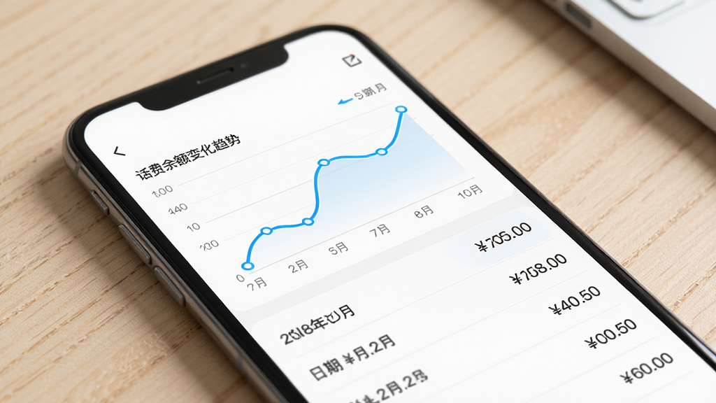 话费余额免费查询历史记录追踪功能示意图,画面为手机屏幕显示折线图和列表,折线图展示话费余额变化趋势,列表显示日期和对应余额,布局上下结构,风格清新简约,细节精致,画质高清,干净无多余元素