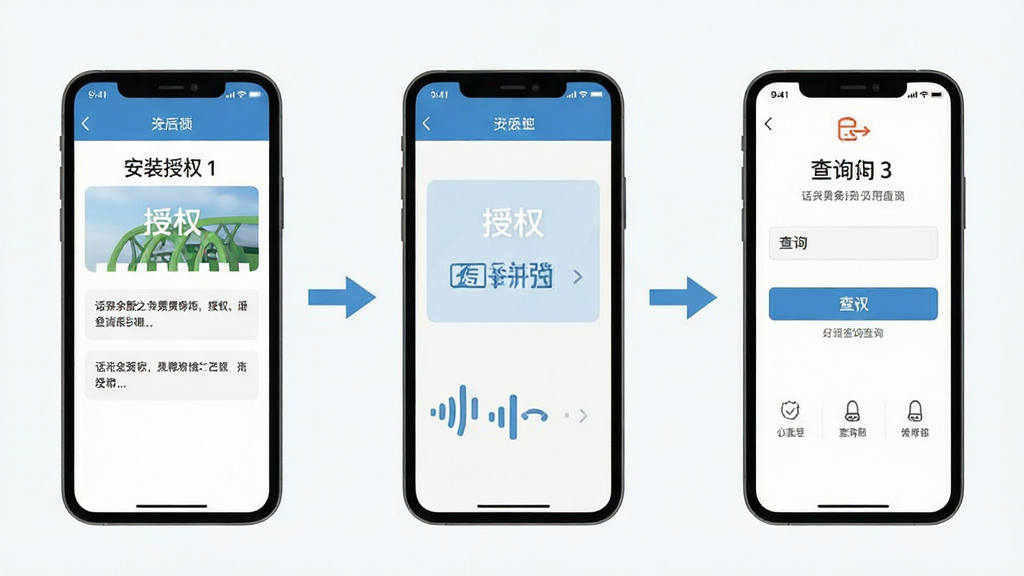 话费余额免费查询使用教程示意图,画面为手机屏幕分步骤展示安装、授权、查询三个画面,布局横向排列,风格扁平化教学,细节清晰,画质高清,干净无多余元素