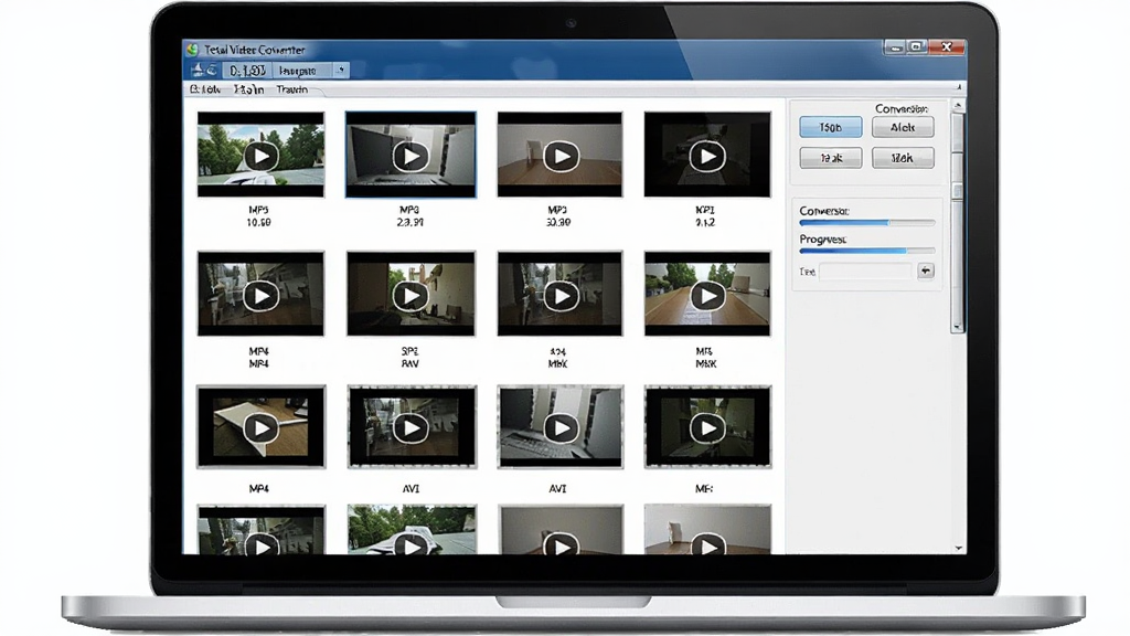一台银色笔记本电脑屏幕中打开 Total Video Converter 软件,界面展示多个视频文件缩略图排列成网格,每个缩略图下方标注格式名称如MP4、AVI、MKV,右侧有转换按钮和进度条,背景为简洁的白色桌面,风格清爽商务,细节包括文件大小、时长信息,画质清晰,干净,无多余元素