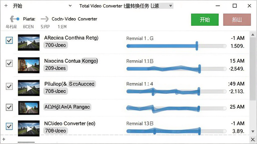 Total Video Converter 批量转换任务列表界面,屏幕中显示多个视频文件排队等待转换,每个文件前有复选框和进度条,顶部有开始、暂停按钮,背景为干净的白色,风格简约高效,细节包括文件名称、格式标签、剩余时间,画质高清,干净,无多余元素