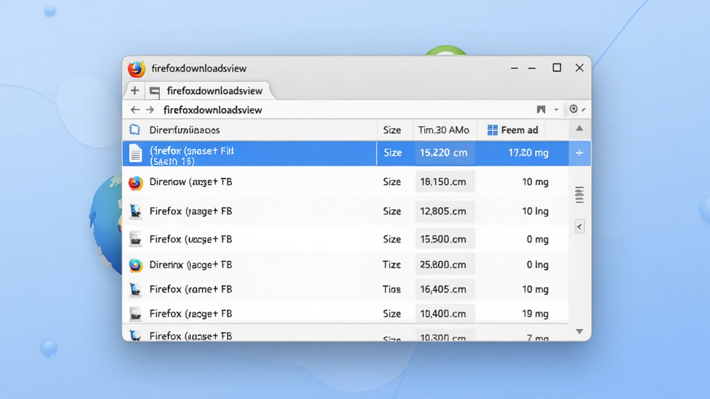 一个现代化的软件下载管理界面,中央显示Firefox下载查看器(firefoxdownloadsview)的软件窗口,窗口内展示下载文件列表,包含文件名、大小、下载时间等信息,背景为浅蓝色渐变,界面风格简洁清爽,无多余元素,画质清晰干净