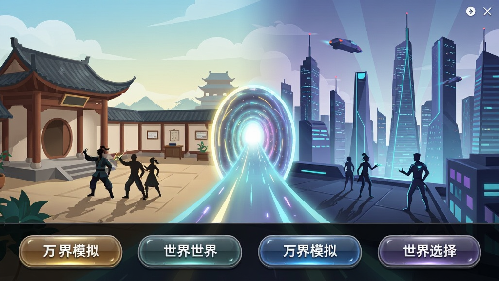 万界模拟多世界切换界面,画面以横向卷轴形式展开,左侧为古风武馆场景,右侧为未来都市场景,中间以流光隧道连接,界面底部排列着万界模拟的世界选择按钮,布局采用左右对比排版,风格为扁平化插画,细节包含细腻的光影过渡、场景内角色剪影、按钮高光质感,画质清晰锐利,干净无多余元素