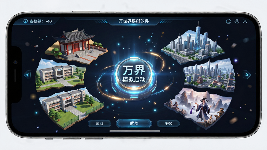 万界模拟软件主界面全景展示,手机屏幕内呈现多维度宇宙沙盒场景,中央悬浮着发光的万界模拟启动图标,周围环绕着武馆、校园、都市、修仙等不同世界碎片,布局采用中心对称透视结构,排版清晰有序,风格为科幻与国风融合的3D渲染,细节包含动态光效、粒子漂浮、界面按钮质感细腻,画质为超高清4K,干净无多余元素