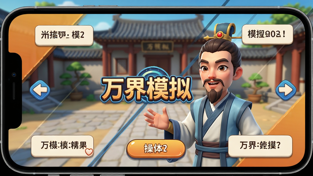 万界模拟新手引导界面,手机屏幕显示一位古装导师角色正在向玩家讲解操作,界面四周分布着箭头指引与文字提示框,中央有“万界模拟”Logo,布局采用斜向引导线排版,风格为清新卡通渲染,细节包含角色表情生动、按钮圆润、背景为武馆庭院,画质高清,干净无多余元素