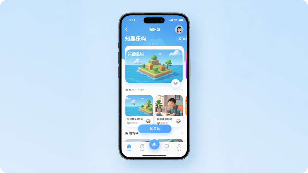 知乐岛 1.0.1 版本官方宣传图,画面主体为一部竖屏智能手机,手机屏幕中显示知乐岛APP的首页界面,界面包含底部导航栏、兴趣岛屿卡片和用户头像。布局采用中心对称构图,手机放置于画面正中央。排版简洁,背景为浅蓝色渐变。风格为清新扁平化UI设计。细节包括圆角图标、柔和的投影、悬浮按钮。画质高清,干净,无多余元素。
