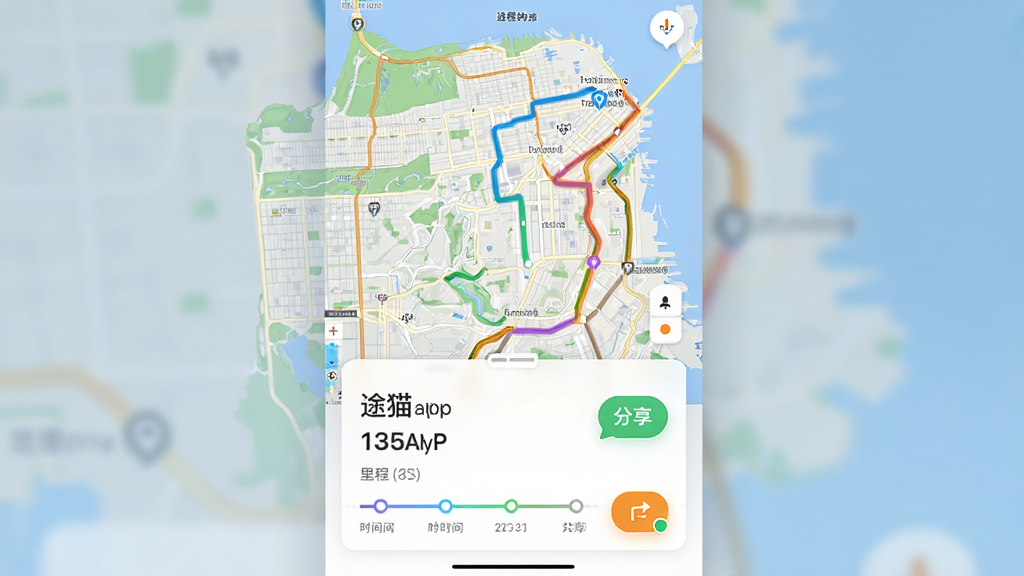 途猫APP行程记录页面,主体为一条弯曲的彩色轨迹线叠加在地图上,布局为上方地图下方数据卡片,排版纵向延伸,风格为运动健康类数据可视化,细节包括里程数字、时间轴节点、分享按钮图标,画质高清,干净,无多余元素
