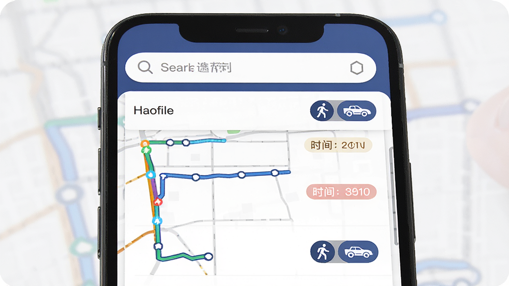 途猫APP智能路线规划界面,主体为手机屏幕内显示多条彩色路线对比图,布局为上下结构上方搜索框下方路线列表,排版整齐,风格为现代简约科技感,细节包括实时路况颜色标注、时间预估标签、步行与驾车图标切换,画质高清,干净,无多余元素