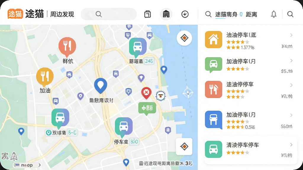 途猫APP周边发现页面,主体为地图上散布多个分类图标如餐饮加油停车,布局为左地图右列表,排版错落有致,风格为清新明快生活风,细节包括图标色彩区分、评分星级显示、距离数值标签,画质高清,干净,无多余元素