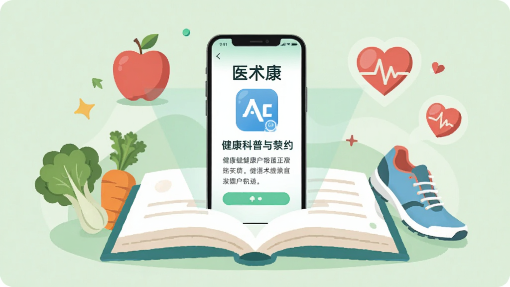 画面中央是一本打开的书,书页上浮现出“医术康”APP的界面和健康科普文章标题,周围环绕着苹果、蔬菜、运动鞋、心率图标等健康元素。背景为柔和的浅绿色。风格为清新扁平插画,排版居中,细节简洁,画质干净,无多余元素。