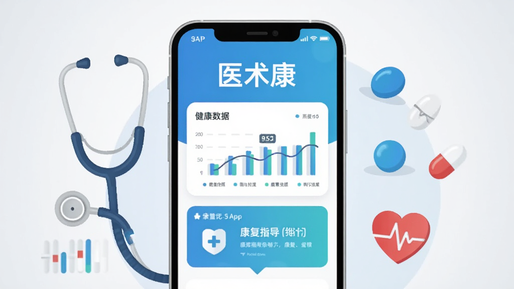 画面中央是一部智能手机,手机屏幕上显示着“医术康”APP的界面,界面以清新蓝色和白色为主色调,包含健康数据图表和康复指导模块。手机周围环绕着听诊器、药丸、心率图标等医疗元素,背景为干净的浅灰色渐变。整体风格为扁平化科技插画,排版居中,细节清晰,画质干净,无多余元素。