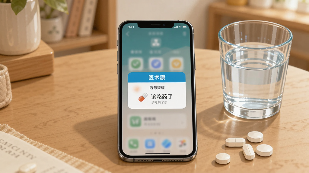 画面展示一部手机放置在桌面上,屏幕亮起显示“医术康”APP的用药提醒弹窗,弹窗上有药丸图标和“该吃药了”文字。手机旁边放着一杯水和几粒药片,背景是温馨的家居桌面。风格为生活化静物插画,排版居中,细节真实,画质清晰,无多余元素。
