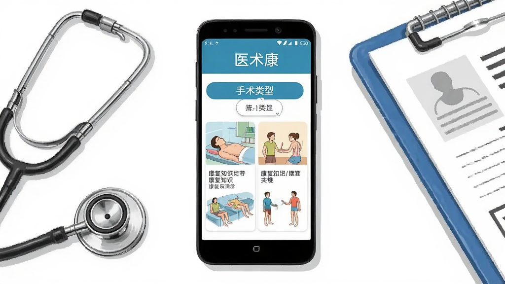 一部安卓手机屏幕显示“医术康”APP的康复指导页面,页面有手术类型选择按钮和图文并茂的康复知识卡片。手机旁边有听诊器和病历本,背景为干净的白色桌面。风格为产品展示插画,排版居中,细节清晰,画质干净,无多余元素。