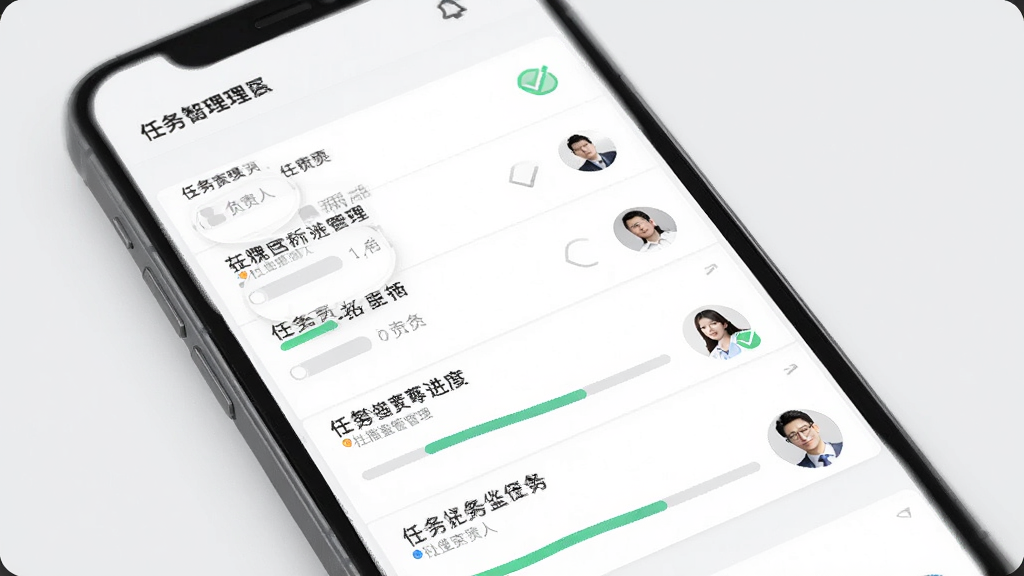 数智国联任务协作管理界面的预览图,画面中手机屏幕显示任务列表与进度条,包含勾选状态和负责人头像,背景为浅灰色,风格极简商务,细节清晰,画质干净,无多余元素
