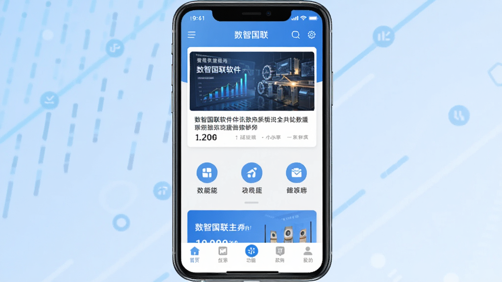 一张展示数智国联软件主界面的预览图,画面中央放置一部智能手机,屏幕内呈现数智国联应用首页,包含资讯卡片、功能入口图标和底部导航栏,背景为浅蓝色渐变,风格简洁现代,细节清晰,画质干净,无多余元素