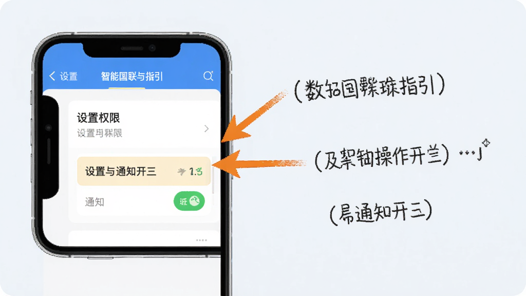 数智国联移动端操作指引示意图,画面展示手机屏幕中设置权限与通知开关的界面,旁边配有箭头标注重点选项,背景为浅色,风格简洁明了,细节清晰,画质干净,无多余元素
