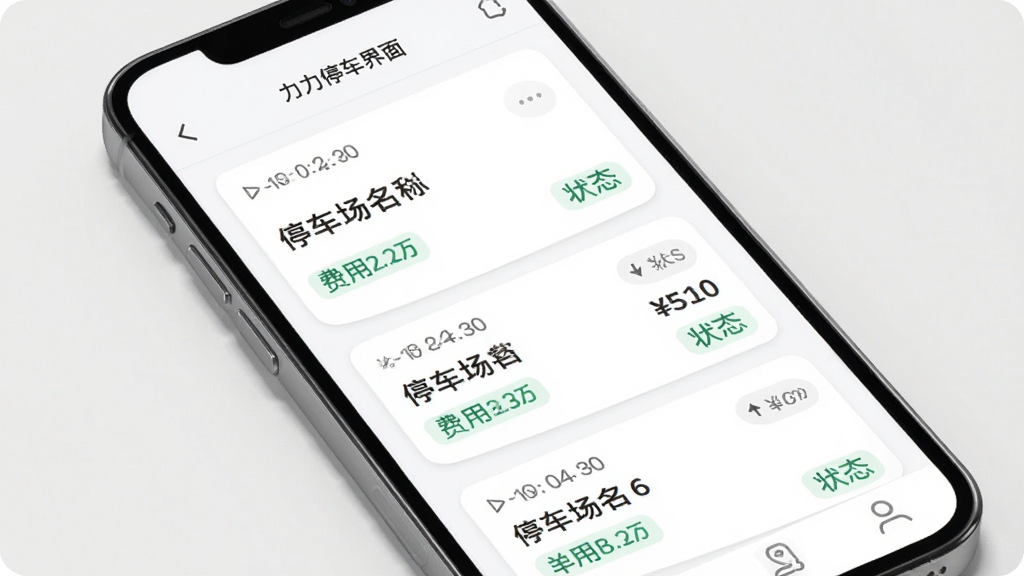 一幅展示力力停车停车记录管理页面的示意图,主体是手机屏幕,屏幕中列出多条停车订单卡片,布局采用纵向列表排版,风格为轻量卡片式UI风,细节包括时间戳、停车场名称、费用金额、状态标签、力力停车界面标题,画质高清,画面干净,无多余元素。