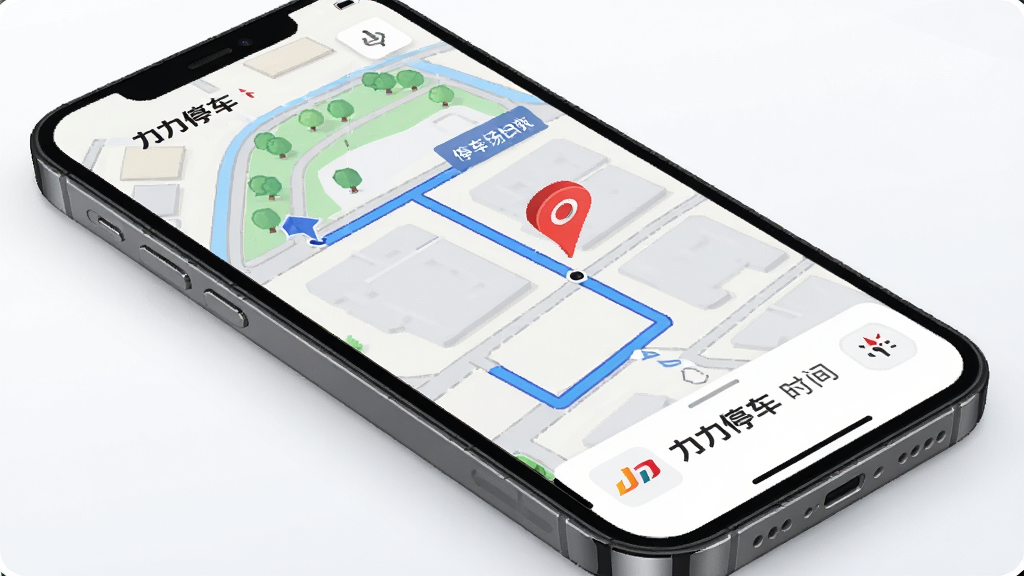 一张力力停车停车场导航功能的界面展示图,主体为手机屏幕,屏幕中显示地图路线与停车场入口标记,布局采用手机正面展示,排版信息层次分明,风格为清爽导航UI风,细节包括蓝色路线轨迹、红色终点标记、距离与时间提示、力力停车logo,画质高清,界面简洁,无多余元素。