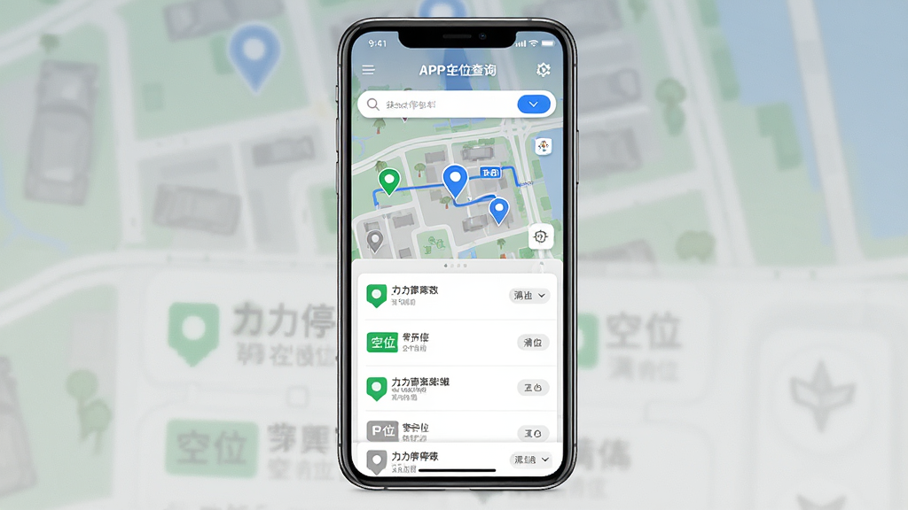 一张展示力力停车APP车位查询界面的示意图,主体是手机屏幕,屏幕中呈现地图与停车场列表,布局采用手机居中展示,排版清晰分区,风格为现代简约UI风,细节包括蓝色定位图标、绿色空位标识、灰色满位标识、搜索框与筛选按钮,画质高清,界面干净,无多余元素。
