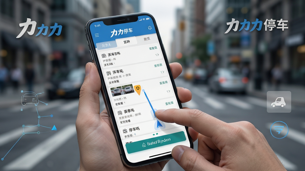 一幅展示力力停车在手机端运行流畅的示意图,主体是手持手机操作力力停车应用,屏幕显示停车场列表与导航界面,布局采用手持特写构图,风格为写实科技风,细节包括手指点击屏幕动作、应用界面清晰可见、背景为城市街道虚化、力力停车标识醒目,画质高清,画面干净,无多余元素。