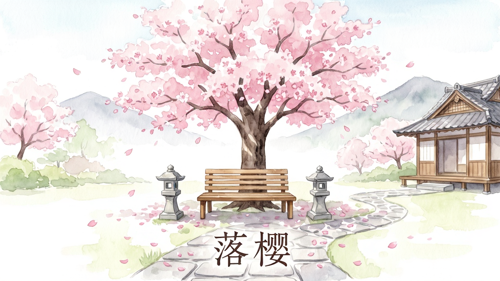 一幅唯美的樱花庭院全景插画,画面中央是一棵盛开的粉色樱花树,树下摆放着木质长椅和小石灯,花瓣随风飘落在青石小径上,远处有日式风格的木屋和远山轮廓,整体采用柔和的水彩手绘风格,色调以粉白与浅绿为主,画面干净明亮,构图居中留白充足,画质细腻高清,无多余杂物,图片下方居中用优雅的字体写着“落樱”。