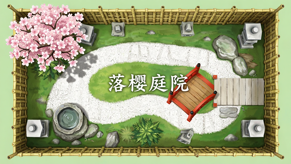 一个俯瞰视角的日式庭院布局设计图,画面中有粉色樱花树、蜿蜒的白色碎石小径、红色的木桥、石质水钵和几盏石灯笼,庭院被一圈低矮的竹篱笆围绕,整体风格清新雅致,色彩柔和明亮,构图呈对称式布局,画质清晰干净,画面中央用白色字体写着“落樱庭院”。