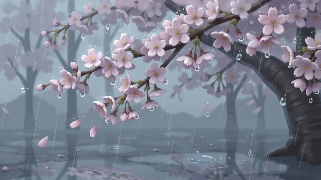 一幅展现樱花树在细雨中摇曳的唯美场景,雨丝清晰可见,粉色花瓣上挂着晶莹的水珠,地面有浅浅的水洼倒映着树影,整体色调偏冷灰蓝与淡粉,风格为细腻的数字绘画,构图以樱花树为主体占画面三分之二,画质高清柔和,画面中不出现任何文字。
