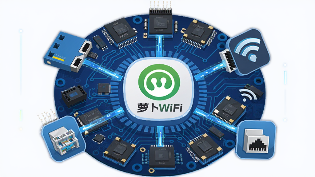 主体是电脑主板上的多种网卡芯片与萝卜WiFi软件图标相互连接,布局为环形放射状,排版中心为萝卜WiFi标志,四周环绕有线网卡、无线网卡和虚拟网卡图标,风格为科技感矢量图,细节包括蓝色电路纹理、发光连接线和简洁背景,画质清晰干净无多余元素