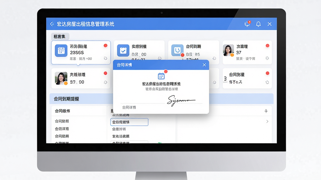 宏达房屋出租信息管理系统租客合同管理界面,主体为电脑屏幕显示租客信息卡片和合同到期提醒弹窗,布局上下分栏,上方为租客列表,下方为合同详情,排版清晰,风格简洁现代,细节包含日历图标、提醒红点、签名栏,画质高清,干净,无多余元素