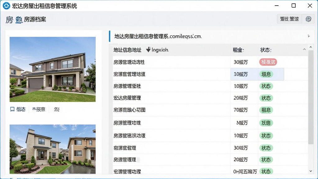 宏达房屋出租信息管理系统房源信息管理功能界面截图风格,主体为软件窗口展示房源档案列表,布局左侧房源缩略图,右侧详细参数表格,排版整齐,风格商务科技感,细节包含地址栏、租金数字、状态标签,画质高清,干净,无多余元素
