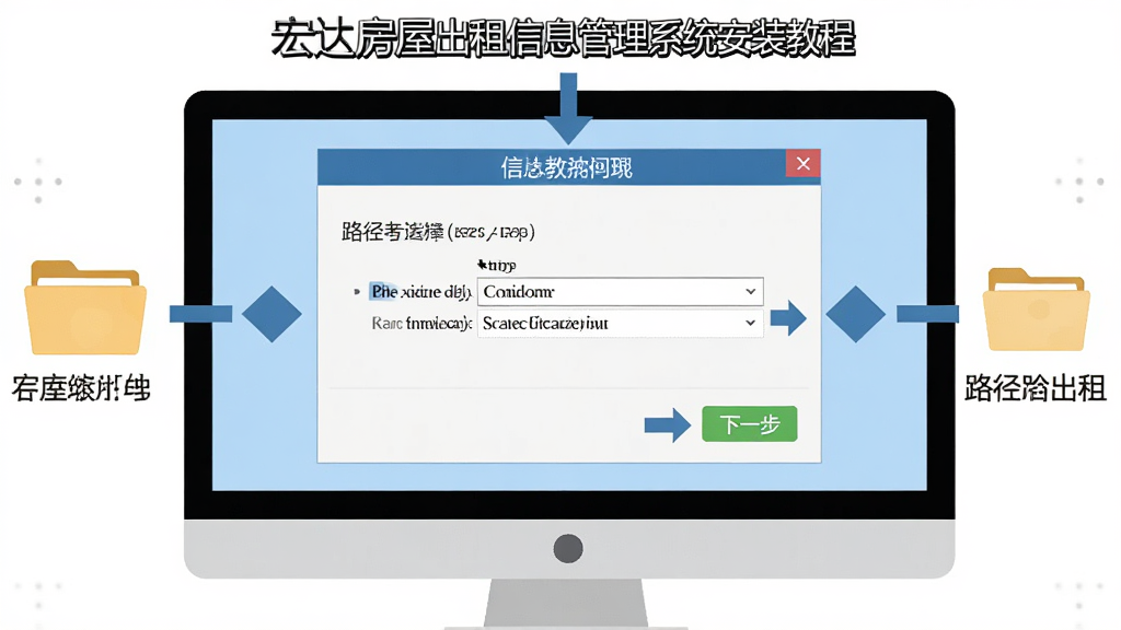 宏达房屋出租信息管理系统安装教程示意图,主体为电脑屏幕显示安装向导窗口,布局包含下一步按钮和路径选择框,排版简洁,风格扁平化教学风,细节包含文件夹图标、箭头指示、文字标注,画质高清,干净,无多余元素