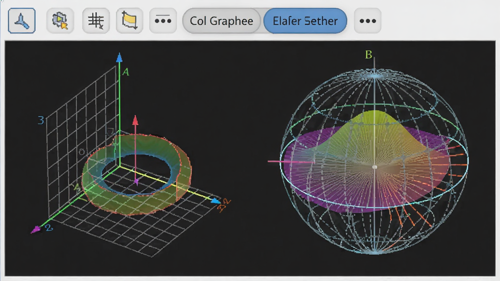 3d grapher软件中显示三种坐标系切换按钮,主体为坐标轴与曲面,布局为上方工具栏下方绘图区,排版整齐,风格教学演示风,细节包含直角坐标网格、柱坐标圆环、球坐标辐射线,画质清晰干净无多余元素