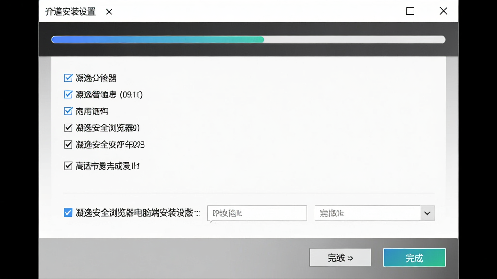 凝逸安全浏览器电脑端安装设置界面,主体为安装向导窗口,布局为顶部进度条、中部选项列表、底部按钮,排版居中结构,风格为简洁商务风,细节包含勾选框、路径选择框、完成按钮,画质高清干净无多余元素