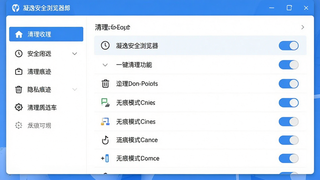 凝逸安全浏览器隐私痕迹一键清理功能界面,画面主体为清理选项面板,布局为左侧功能菜单、右侧清理项目列表,排版为左右分栏结构,风格为清爽简约风,细节包含时钟图标、垃圾桶图标、无痕模式开关,画质高清干净无多余元素