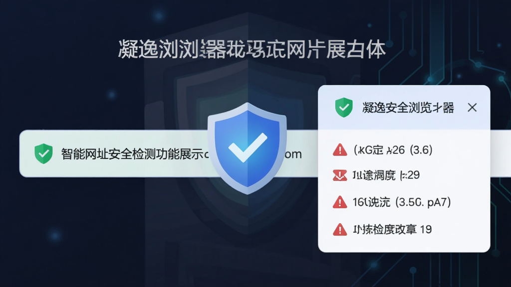 凝逸安全浏览器智能网址安全检测功能展示,画面主体为浏览器地址栏与安全盾牌图标,布局为左侧地址栏显示绿色安全标识、右侧弹出安全检测详情卡片,排版上下结构,风格为扁平化科技风,细节包含盾牌、对勾、红色警告图标,画质高清干净无多余元素