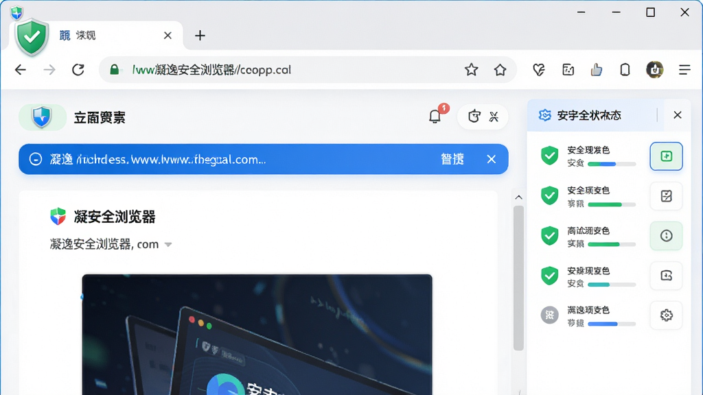凝逸安全浏览器软件界面全貌展示,主体为浏览器主窗口,布局包含顶部地址栏与安全盾牌图标、中部网页内容展示区、右侧安全状态面板,排版简洁清晰,风格为现代科技感UI设计,细节包含绿色安全标识、蓝色地址栏、白色背景,画质高清干净无多余元素