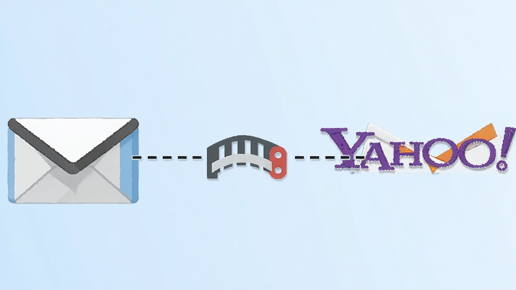 一张示意图,展示一个免费的邮件图标与 Yahoo 邮箱标志通过一条虚线连接,中间有一个桥接工具图标,背景是淡蓝色渐变,风格扁平化,画质清晰,干净,无多余元素