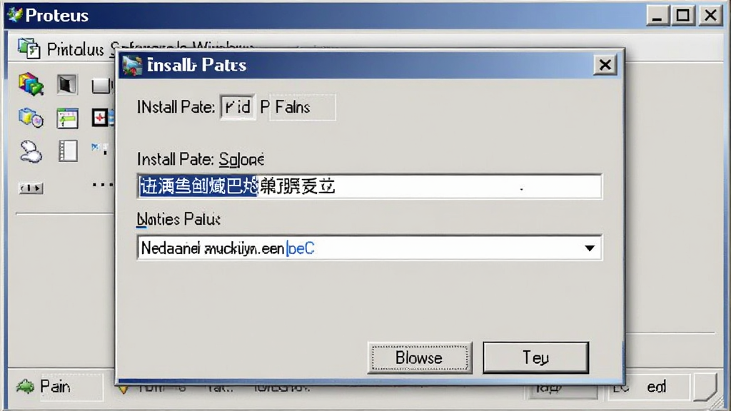 Proteus������Windows�����ϵİ�װ�򵼽��棬��ʾ��װ·��ѡ��Ի���·���������ģ��·��������ť����һ����ť��������Ϊ����Windows��װ���򣬻����������޶���Ԫ��