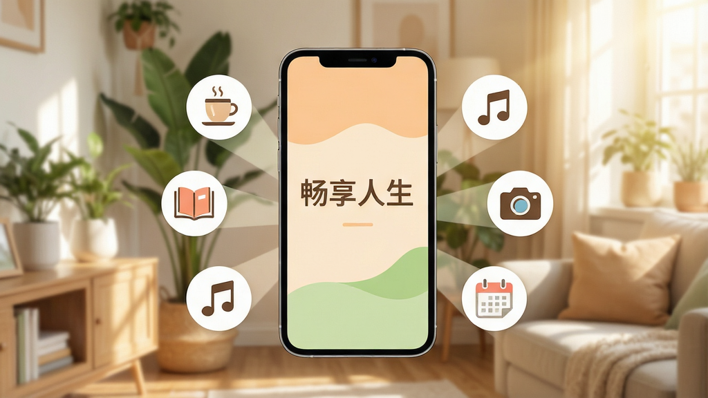 画面中央是一部智能手机,屏幕上显示着一款名为“畅享人生”的应用界面,界面色彩温暖柔和,主色调为淡橙色与浅绿色,屏幕周围环绕着各种生活元素图标,如咖啡杯、书本、音乐符号、相机、日历等,背景是温馨的家居环境,有绿植和阳光洒入,整体布局以手机为中心呈放射状排列,风格清新简约,细节丰富,画质高清,干净明亮,无多余元素。