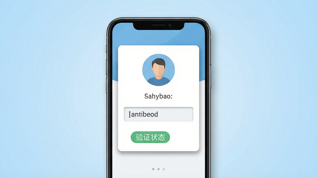 一张展示数字手机个人身份软件主界面的图片,画面中央是一部智能手机,屏幕显示身份信息管理面板,包含头像图标、身份码字段和验证状态标签,背景为浅蓝色渐变,整体布局简洁清晰,风格为扁平化科技风,细节包括图标阴影和卡片式设计,画质高清,干净,无多余元素