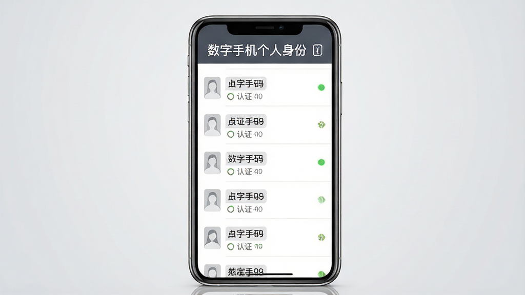 一张展示数字手机个人身份多设备管理界面的图片,画面中手机屏幕显示设备列表,每台设备带有身份码标签和认证状态图标,顶部有“数字手机个人身份”标题,背景为浅灰渐变色,风格为商务简约,细节包括列表分隔线和状态指示灯,画质高清,干净,无多余元素