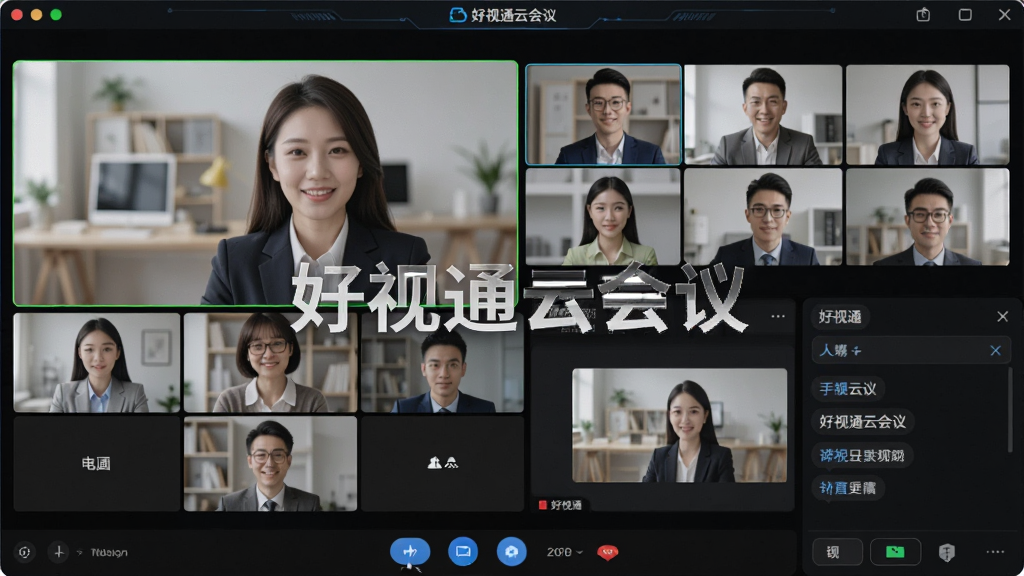 主体是好视通云会议软件界面截图,布局为居中展示,排版采用科技感风格,细节包含高清视频会议窗口、多人头像网格、屏幕共享按钮、聊天面板,画质清晰干净无多余元素,画面中带有文字“好视通云会议”