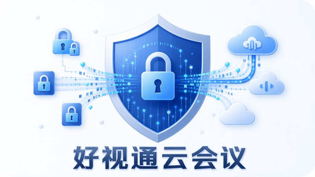 主体是好视通云会议安全防护概念图,布局为盾牌与数据流结合,排版居中,风格为简约安全风,细节包含锁形图标、加密数据流、云朵,画质清晰干净无多余元素,画面中带有文字“好视通云会议”