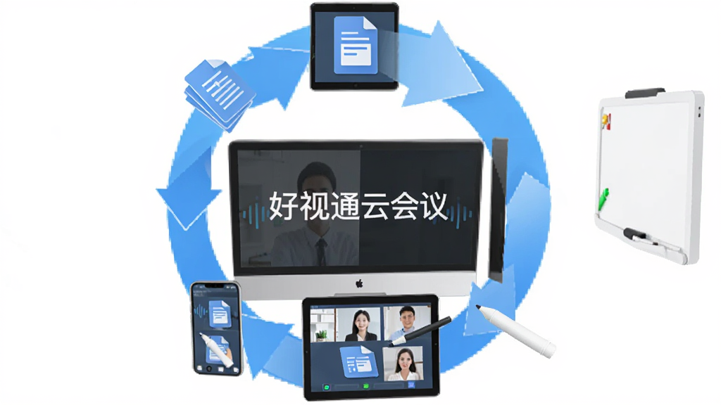 主体是好视通云会议多端协同示意图,布局为电脑、平板、手机环绕排列,排版呈环形,风格为扁平化科技风,细节包含屏幕共享箭头、文档图标、白板笔,画质清晰干净无多余元素,画面中带有文字“好视通云会议”