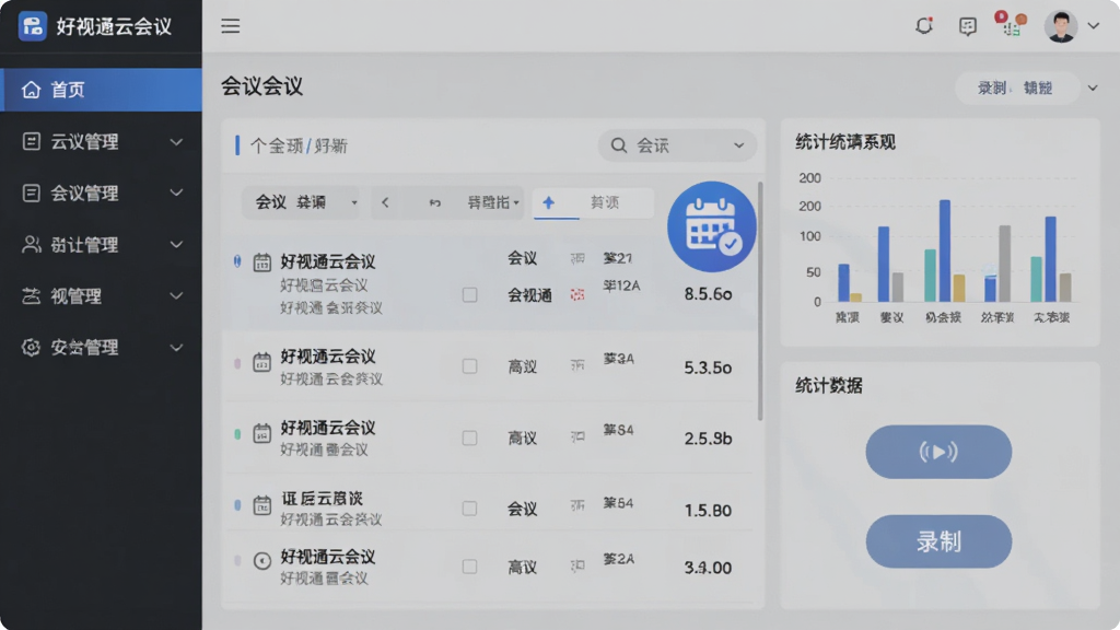 主体是好视通云会议管理后台界面,布局为左侧菜单右侧数据面板,排版规整,风格为商务简约,细节包含会议列表、日历图标、统计图表、录制按钮,画质清晰干净无多余元素,画面中带有文字“好视通云会议”