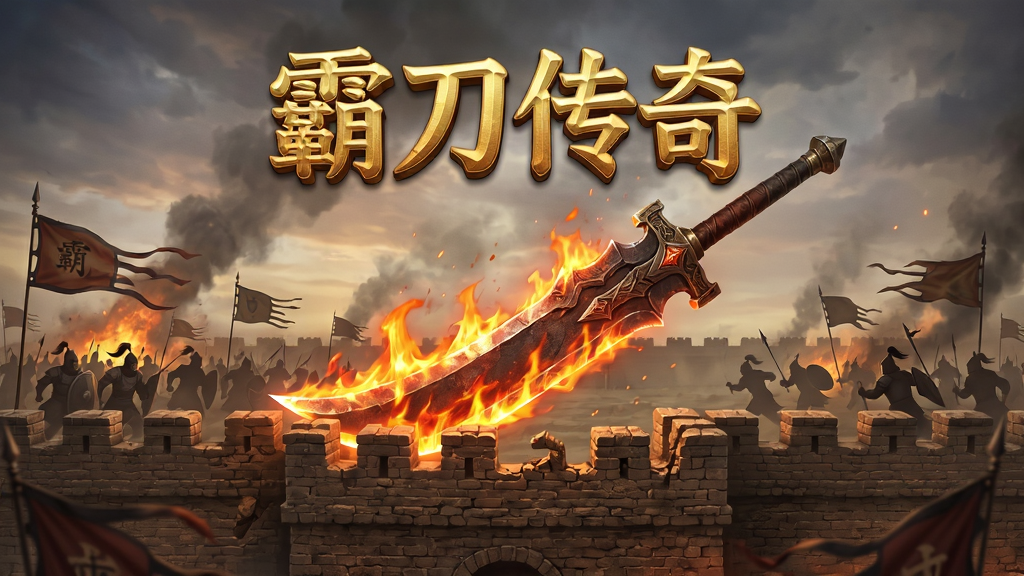画面主体为一把燃烧着烈焰的巨型霸刀插在沙巴克城墙之上,背景是烽火连天的古代战场,布局采用中心对称构图,排版上游戏名称“霸刀传奇”以金色立体字体悬浮于画面正上方,风格为东方魔幻写实游戏原画,细节包括城墙砖石纹理、飘动的战旗、远处冲锋的战士剪影,画质为4K超高清、干净、无多余元素